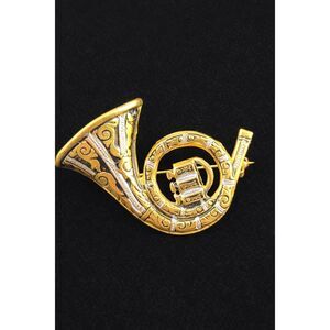 Vintage Trumpet Horn Brooch Pin Music Instrument Spain Gold Plate Damascene